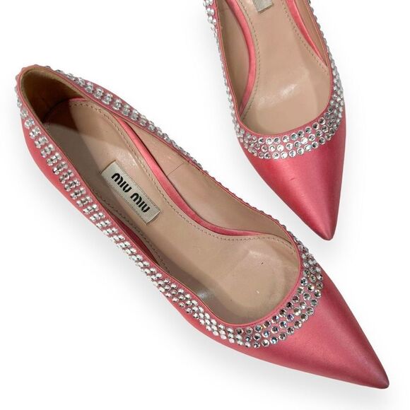 Miu Miu Calzature Donna Crystal Embellished Satin Heels Pumps Rose Pink SZ 36.5 - Picture 3 of 12